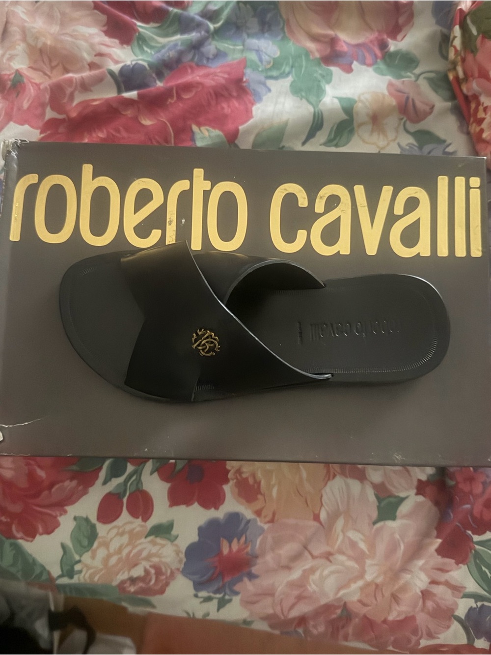 Roberto Cavalli Black Slide Sandals with Gold Emblem